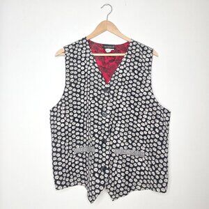 Notations Black White Daisy Floral Vest Red Paisley Lining Adjustable Back Large